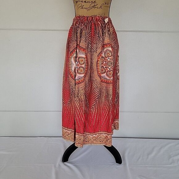 NOS Vintage 70s Boho Gypsy Peasant Skirt, Red Blue Gold Print, Nina Leslie, OS - Picture 4 of 7